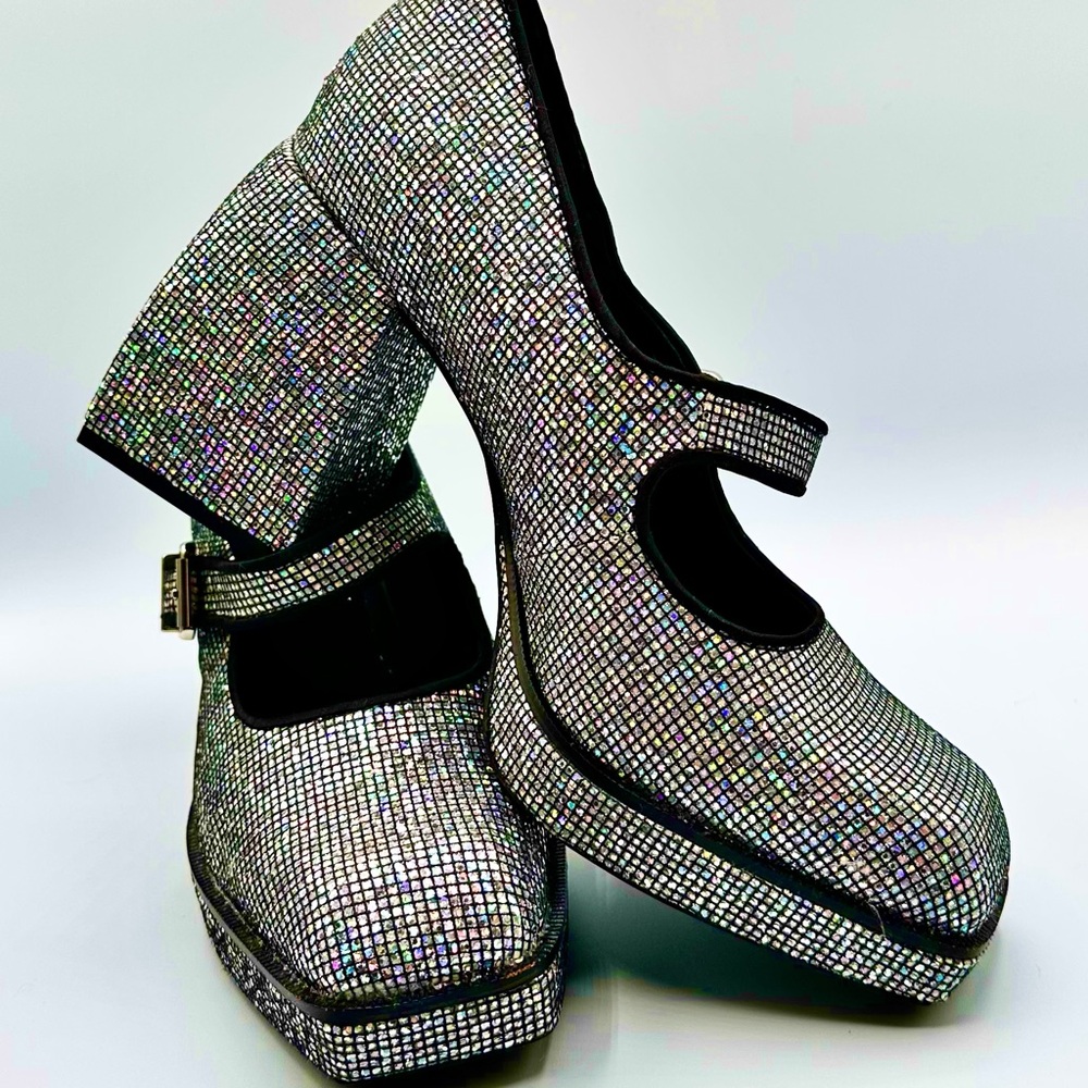 GB Gianni Bini Heels Size 7M Sparkle Multi Silver Metallic Block Mary Jane Shoes